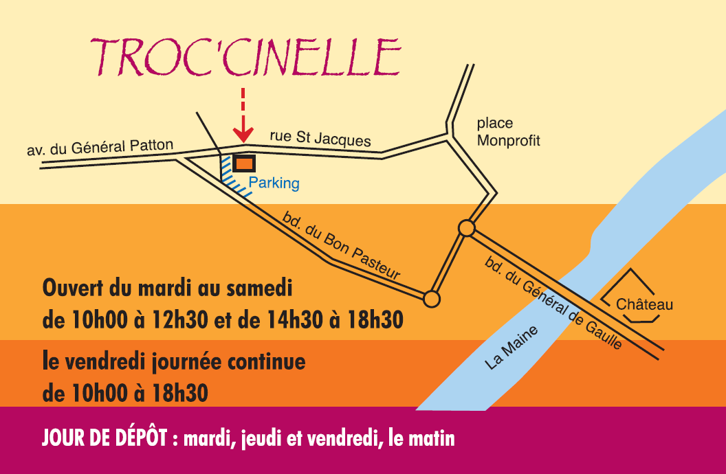 Plan d'accès : Troc'Cinelle se trouve rue Saint-Jacques, à l'angle de l'avenue du Général Patton et du boulevard du Bon Pasteur, avec un parking à côté